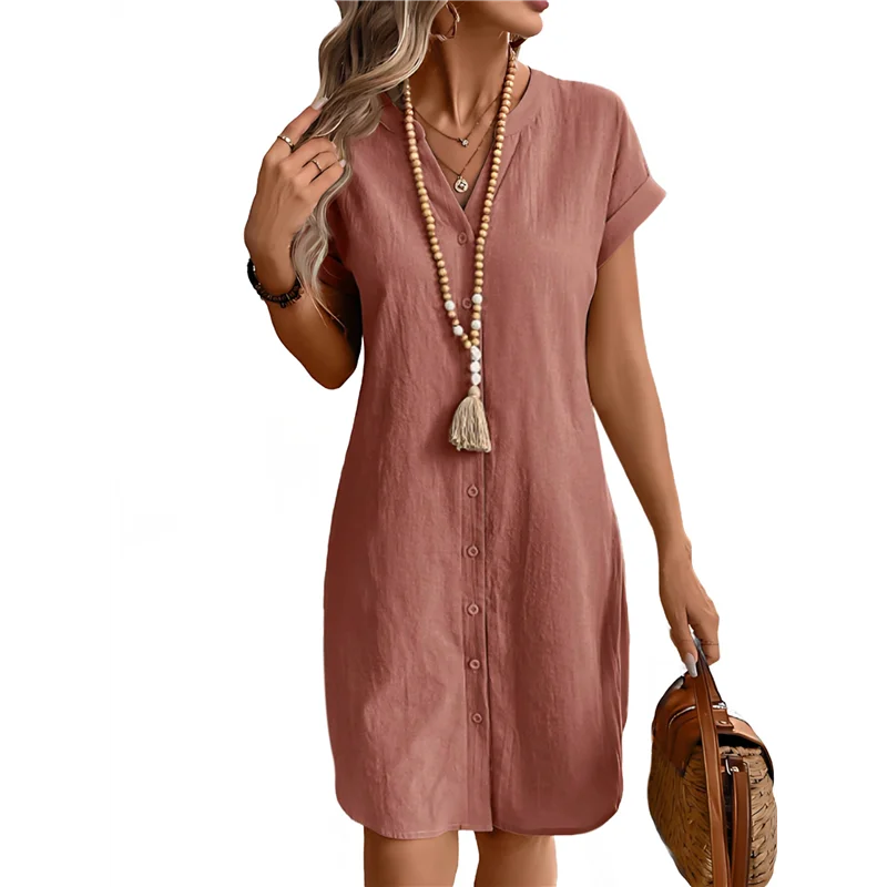 ASDS-Women Linen Dress Spring Summer Casual Cap Sleeve V Neck Midi Button Down Shirt Dresses