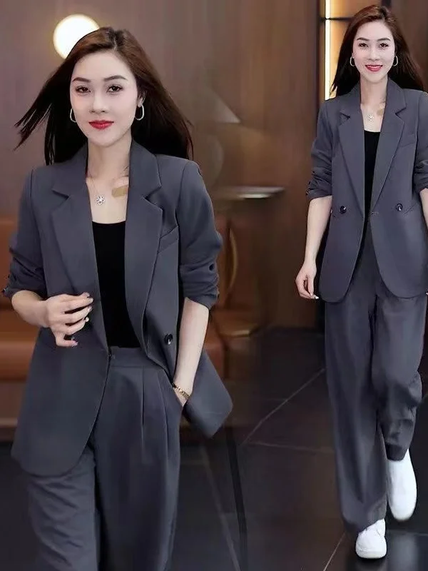 

Spring New Style Casual Slimming Large Size Suit Outerwear Wide Leg Pants Two Piece Set High Waist Long Sleeve Korean Version