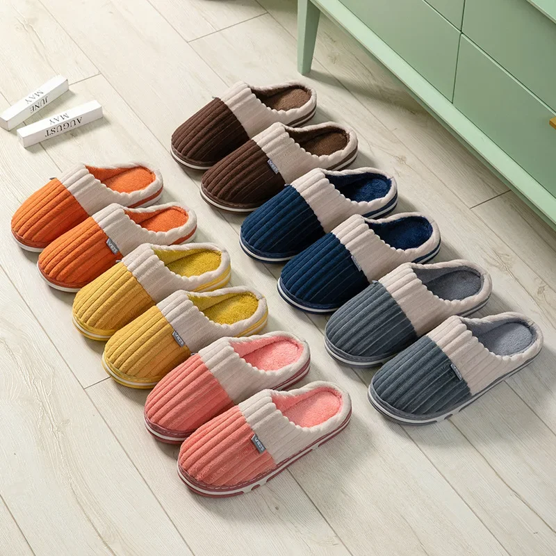 Stitching Light Cotton Slippers Core Flannel Autumn Winter Warm Indoor Home Women's Couple Floor Slippers Warm Cotton Shoes