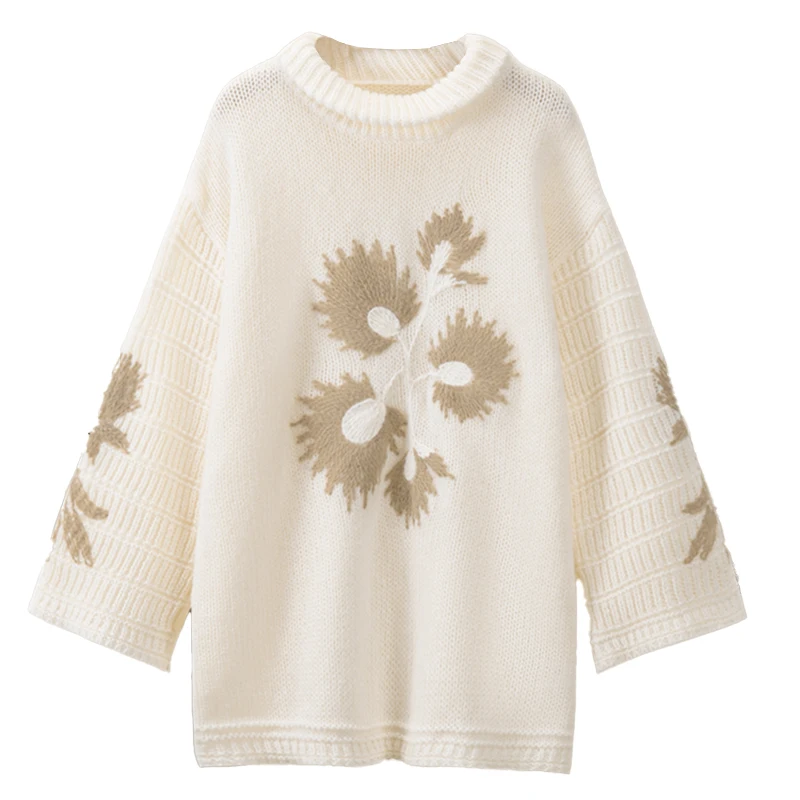 Top lungo da donna in maglia autunnale e invernale con colletto impilato, maniche dritte e design con ricami floreali