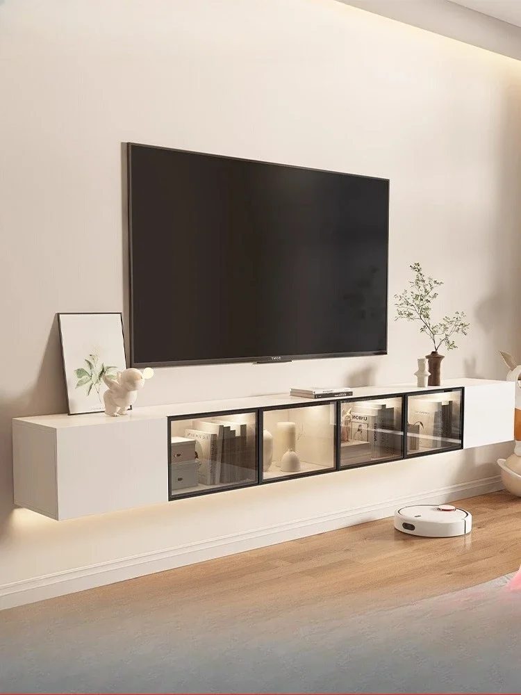 High-end floor-to-ceiling TV cabinet, simple modern small apartment household living room storage floor cabinet, minimalist whit