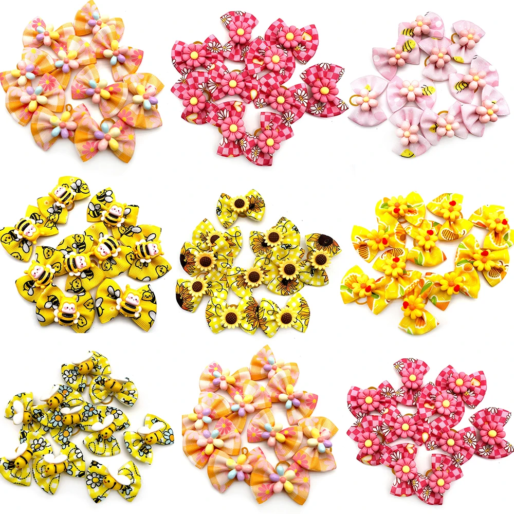 10pcs Pet Dog Hair Bows Rubber Bands Bee Flowers Bows for Small Dogs Pets Dogs Grooming Bows for Dog Hair Accessories