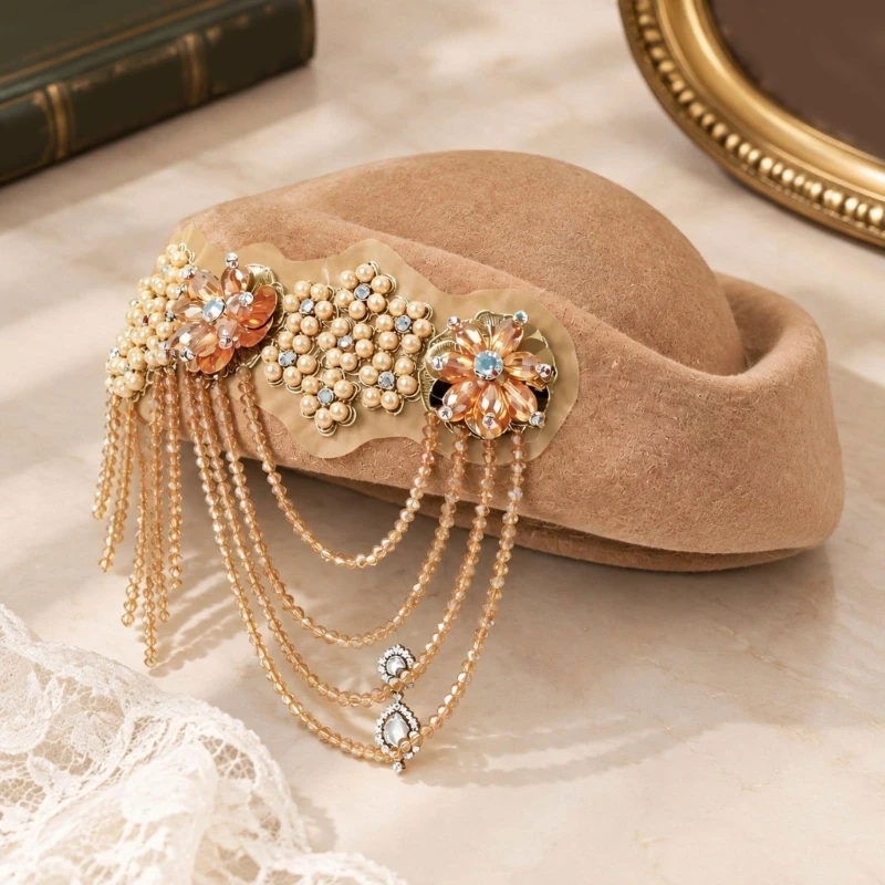 Classical Pillbox Hat with 3D Floral, Rhinestones, and Draped Bead Embellishments for Weddings and Church Services D0UB