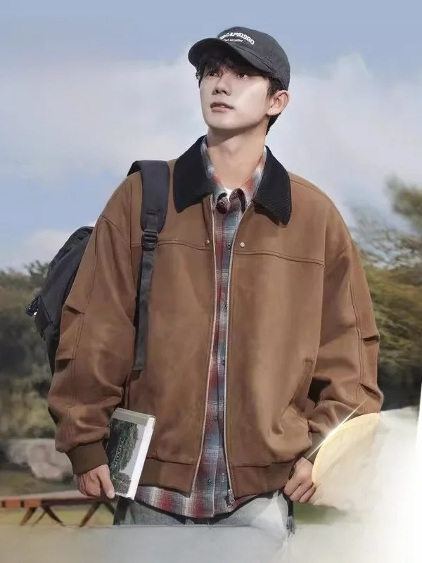 Retro American Suede Jaet Loose Fit for Men And Women Spring New Sle Velvet Core Splicing Rivet Decoration Outerwear