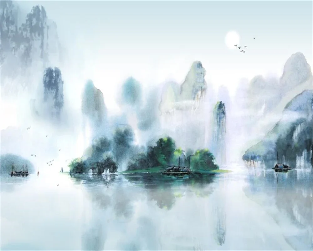 Customized Size Mural Chinese Abstract Lines Ink Landscape Wallpaper Home Decoration Landscape Painting 3d wallpaper murals