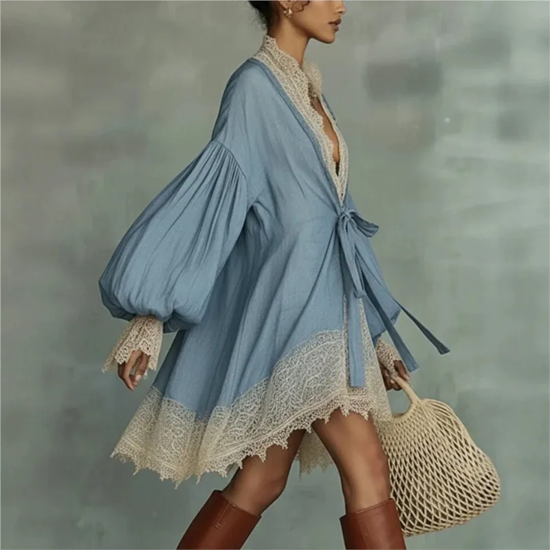 Women Boho Lace Trim Kimono Cardigan Deep V Tie Front Puff Long Sleeve Sheer Tunic Cover Up Vintage Beach Holiday Robe