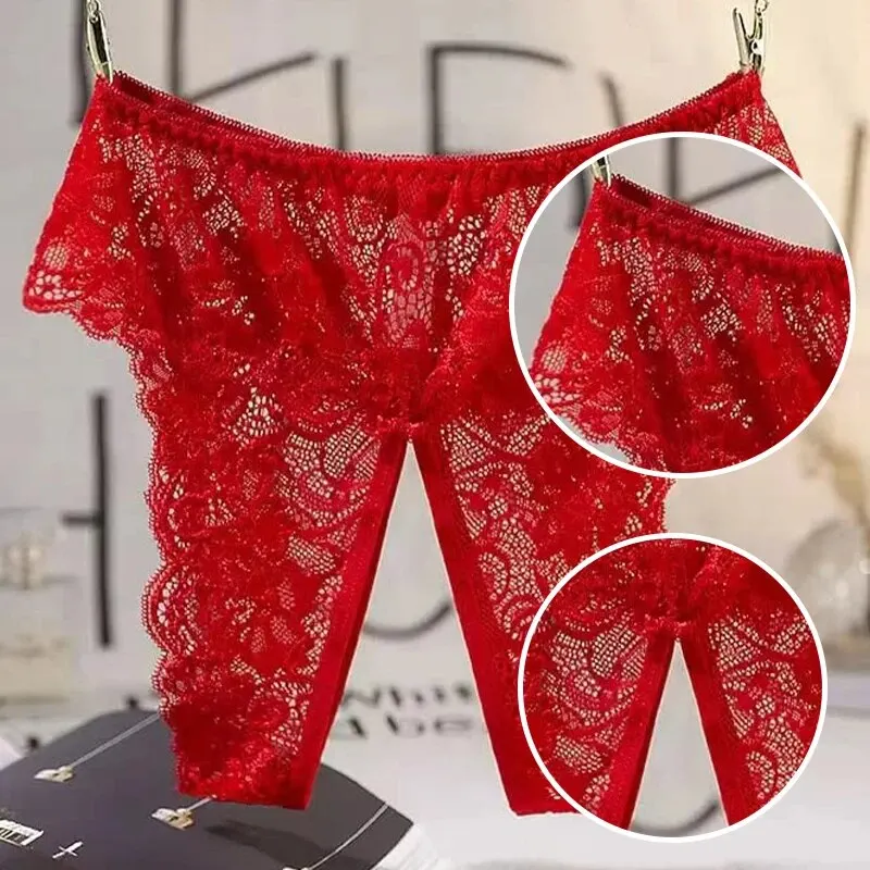 Sexy Women Lace Transparent Panties Opening Underwear Breathable Seductive Lingerie Erotic Crotchless Thongs Underpants