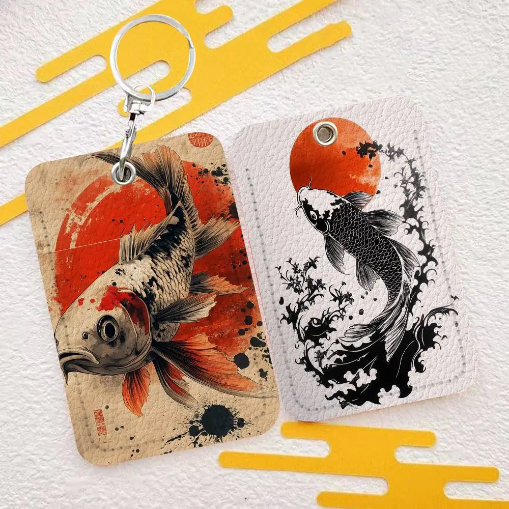 

Японский минималистичный кожаный кошелек для карт с изображением красного карпа кои, гладкий чехол для удостоверений личности и визиток