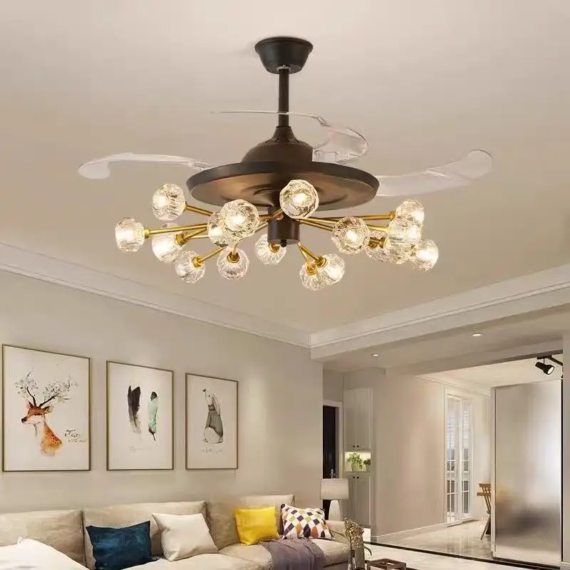 Nordic Luxury Crystal Molecules Ceiling Fan Bubble Remote Control Art Creative Lamps for Living Room Home Decoration Chandeliers