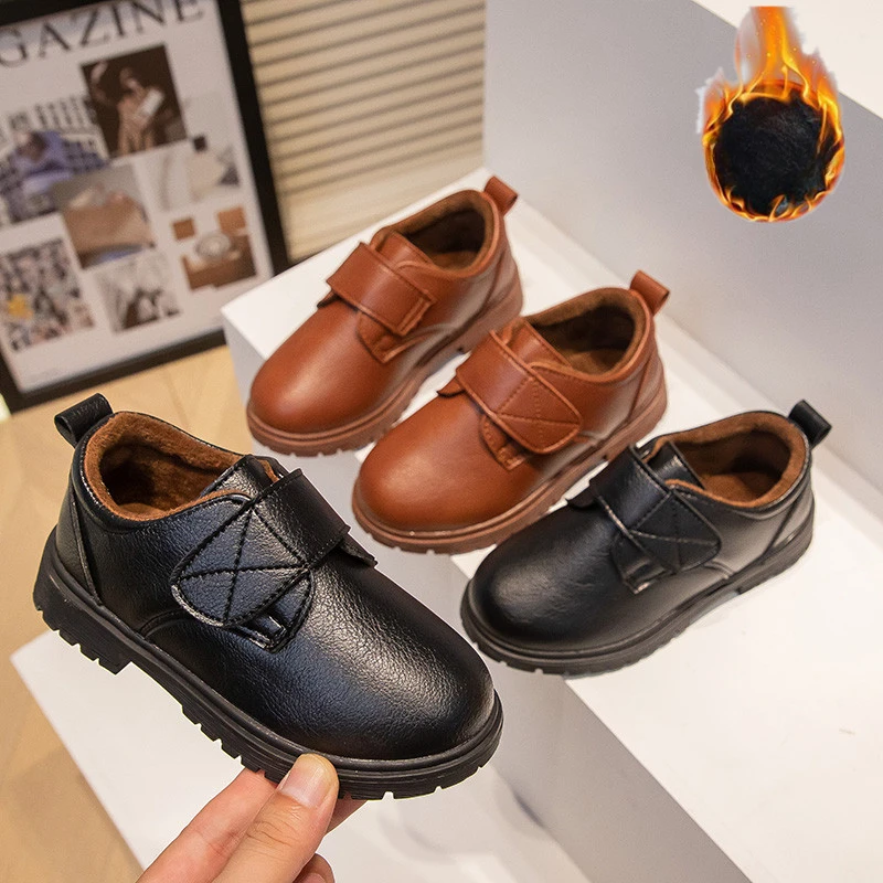 2024 Winter New Matte Soft Bottom Black Boys' Leather Shoes with Velvet Breathable British Fashion Medium Size Children's Shoes