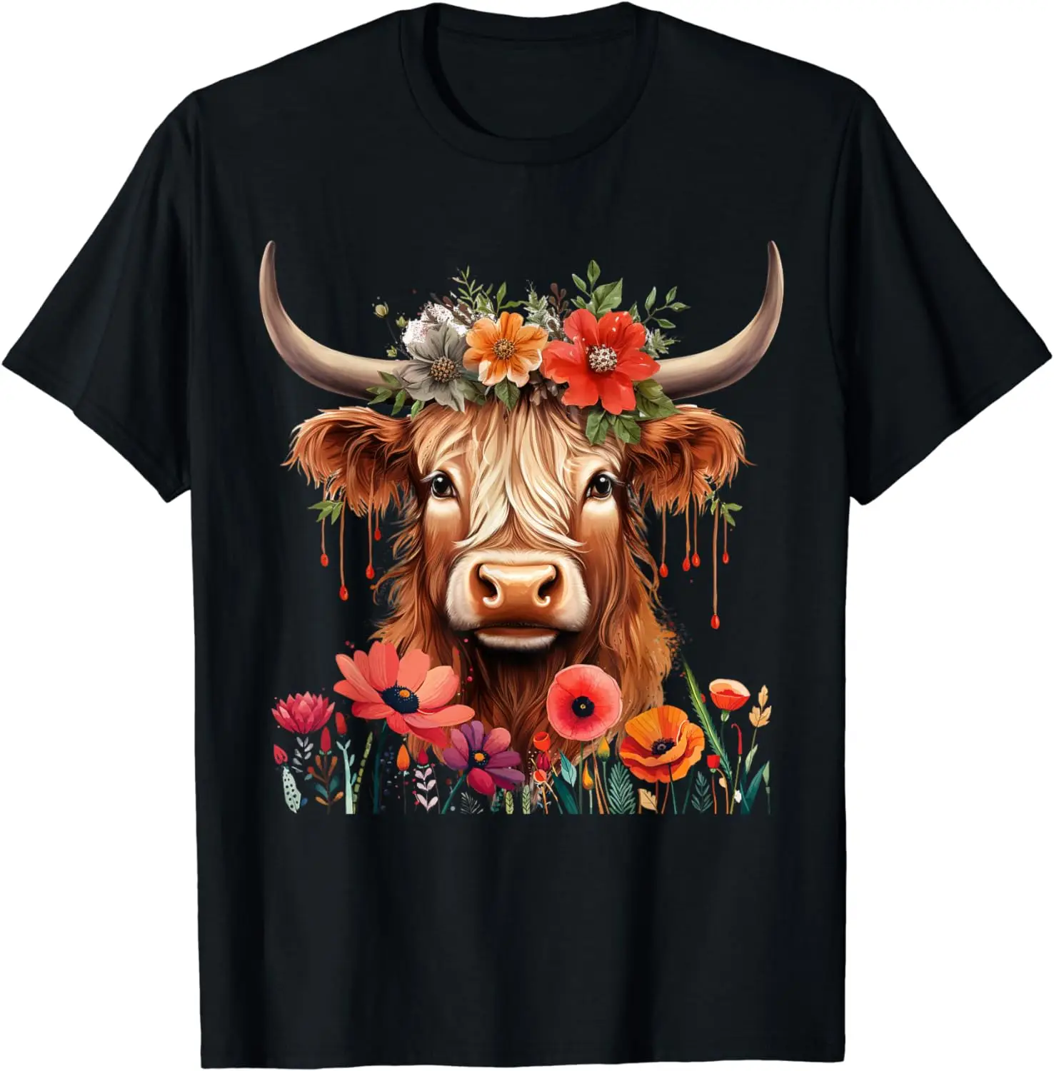

Cute Animal Cow Baby Highland Cow with Flowers Calf Women T-Shirt