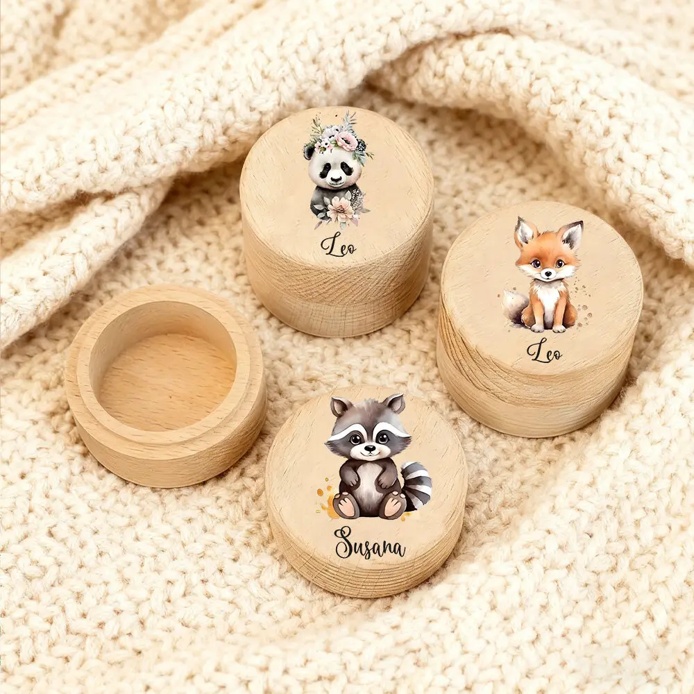 New Personalized Animal Portrait Pattern Printed Wooden Hair Tooth Storage Box Custom Name Memento Box Baptism Gift Birthday Gif