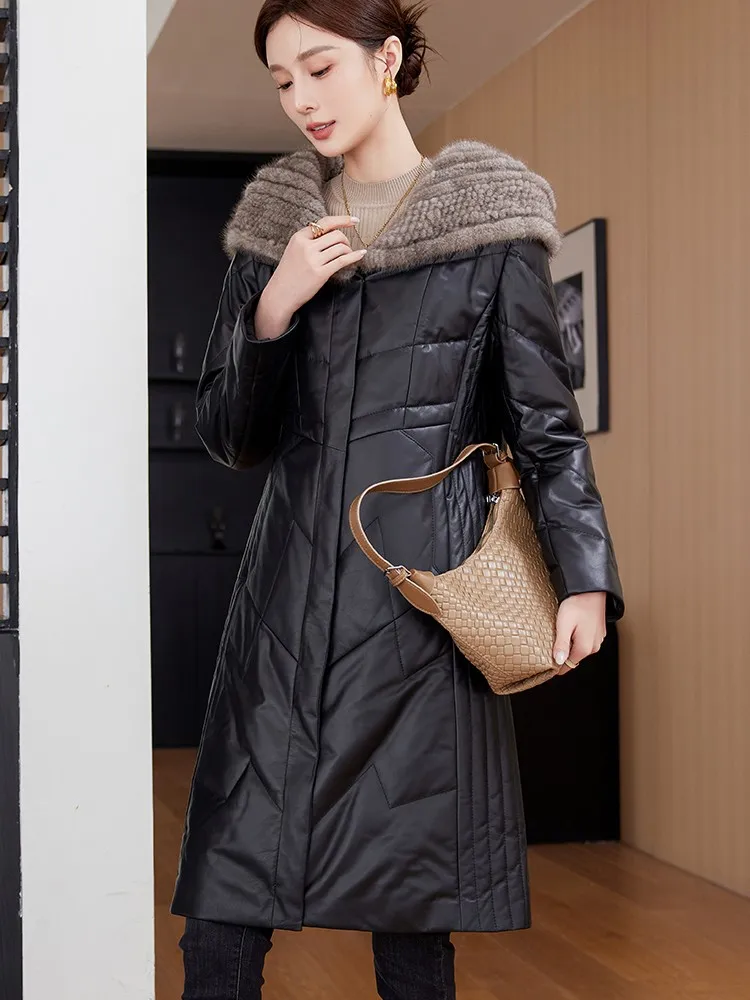 مصمم سيدة جلد الغنم الحقيقي سليم صالح فرو المنك طوق مقنعين منتصف طويل أسفل سترة دافئة أبلى خندق معطف سترة واقية #4