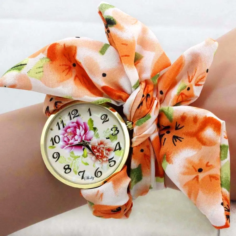 Shsby Ladies Butterfly Orchid Flower Cloth Wristwatch Fashion Women Dress Watch Silky Chiffon Fabric Watch Bracelet Watch