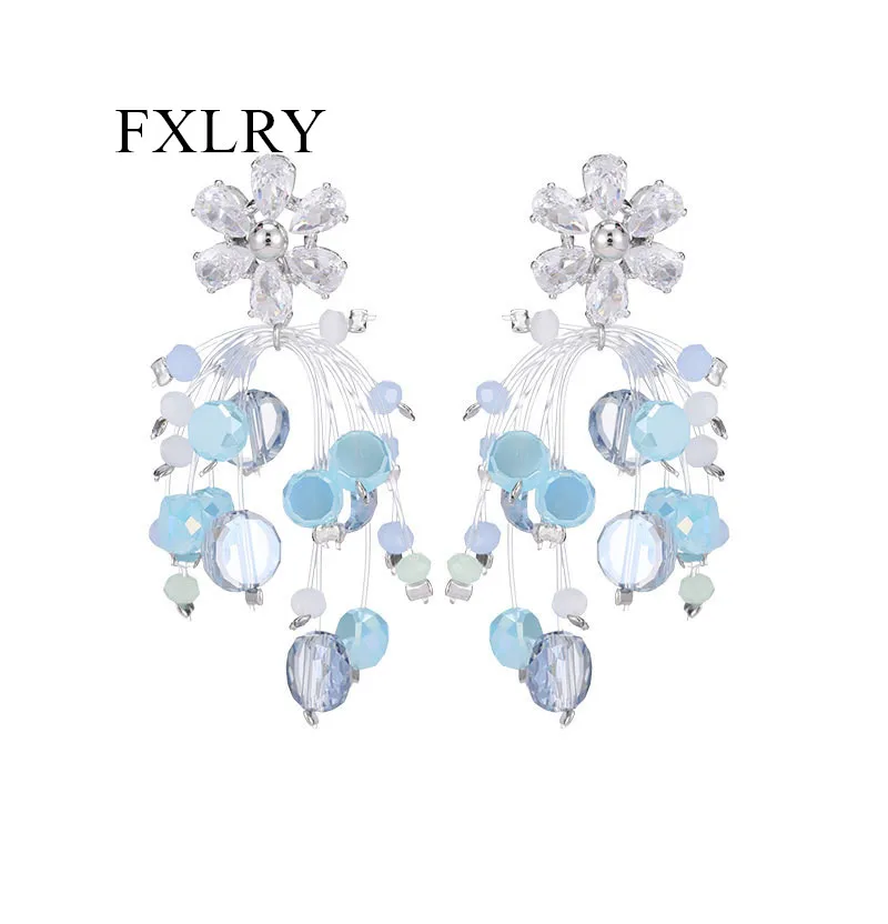 FXLRY Fashion Crystal Flower s925 Silver Needle Fashion Sweet Fishing Line Earrings For Women Jewelry