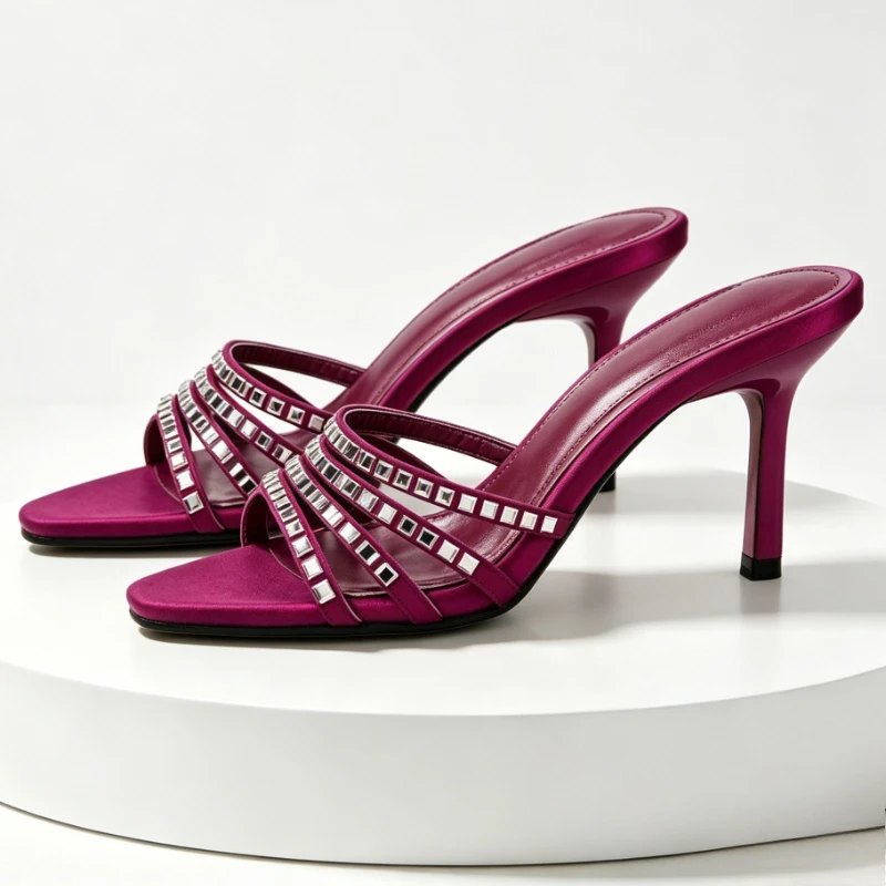

Elegant Women's Satin Rhinestone Stiletto Mules Magenta Round Toe Open Toe Summer Slide Sandals Thin High Heel Party Dress Shoes