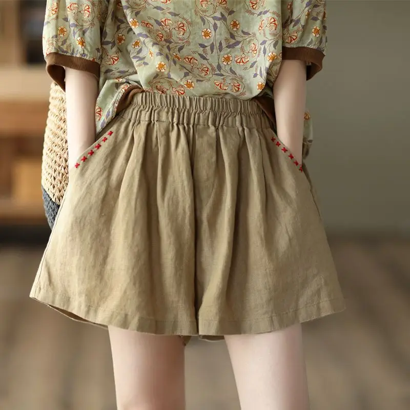 

Vintage Women's Elastic Waist Cotton Shorts Summer Baggy Casual Streetwear Hot Classic New In Embroidery Wide Female Short Pants