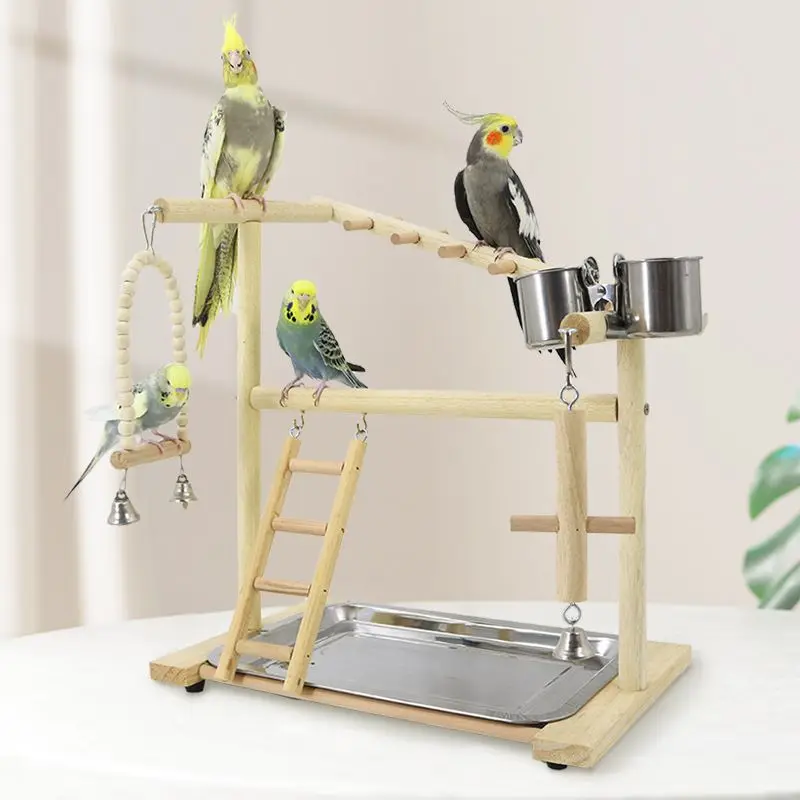 Peppercorn Wood Parrot Perch With Climbing Mesh, Training Stand, Cloud Ladder Swing, Bird Toy Suspension Bridge