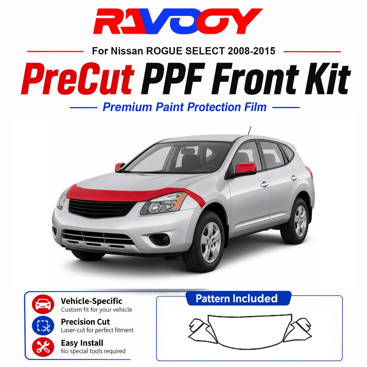 

8.5mil TPU Precut PPF Kit For Nissan ROGUE SELECT 2008-2015 - Hood, Fenders & Mirror Set - Self-Healing Clear Bra Film
