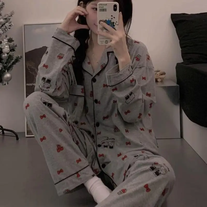 

Miniso Girl Leisure Пижамный костюм с лацканами, осенний кавайный костюм Hello Kitty, аниме, модные сексуальные весенние длинные брюки, одежда для отдыха на улице