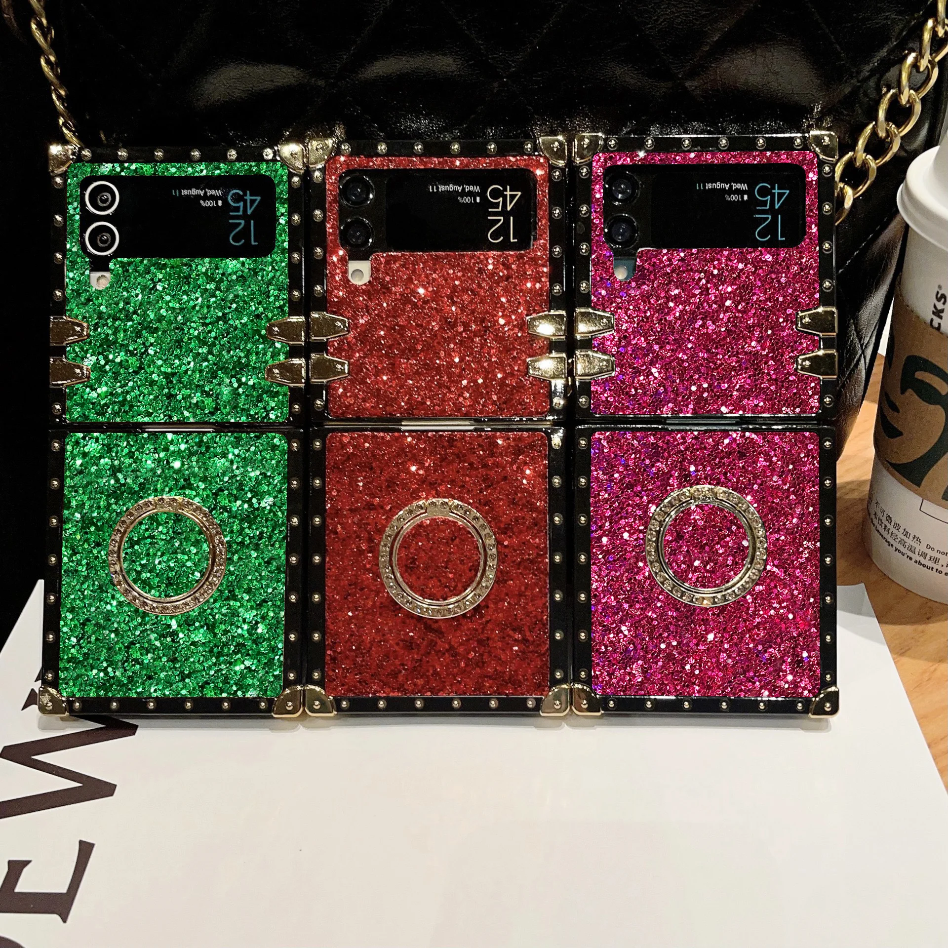 Luxury Artificial Glitter rhinestone Holder Square Phone Case For Samsung Galaxy Z Flip 7 6 5 4 3 Flip7 FE fashion shiny Shell