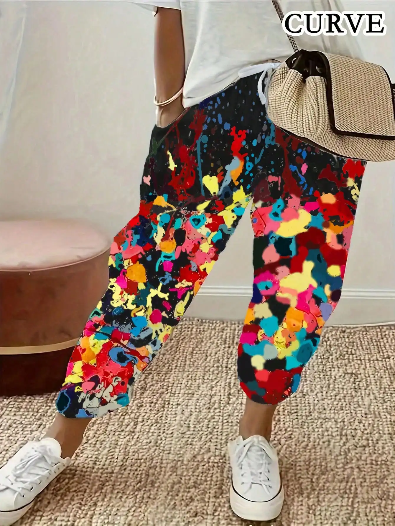 حجم كبير 1XL-5XL المرأة أزياء مطبوعة زهرة مريحة فضفاضة جيب السراويل السيدات عارضة منتصف الخصر هارين السراويل #2