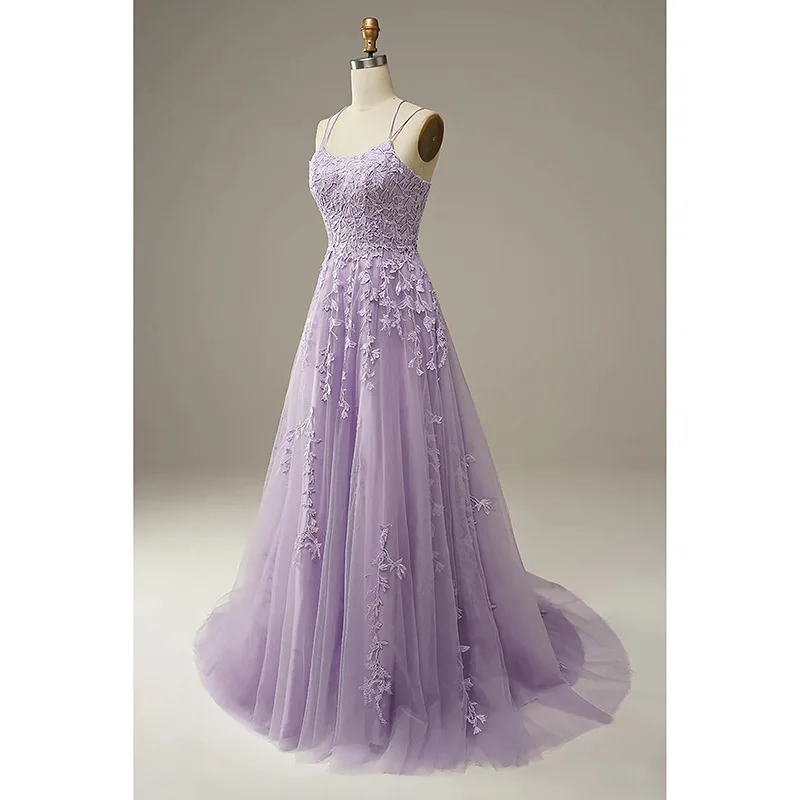 

Customized A Line Women Evening Dresses Appliques Tulle Court Train Prom Birthday Party Gowns Formal Occasion Vestido De Noche