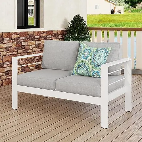 Outdoor Loveseat Patio Furniture Sofa, All-Weather Metal Outdoor Couch with Cushions,Light Grey