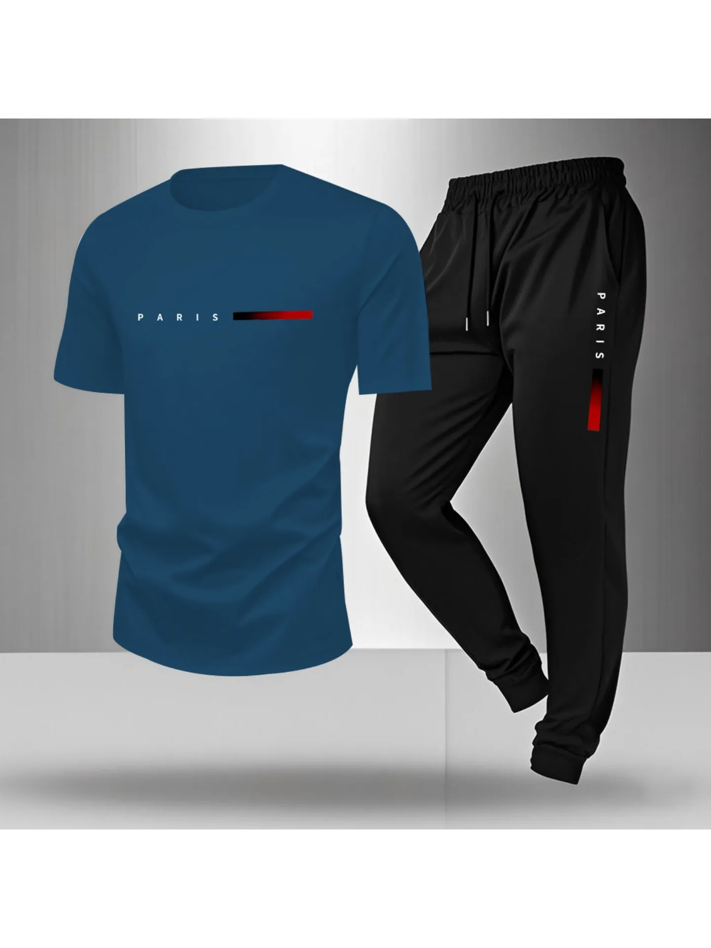 Spring/Summer Paris Letter Printed Round Neck Casual Comfortable Breathable T-shirt with Drawstring Outdoor Sports Pants Set - Image 3