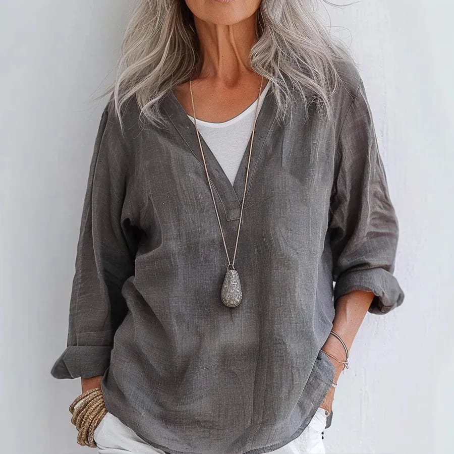 

Linen top v-neck loose casual shirt cotton and linen long-sleeved new Chinese style women's clothing high-end temperament elegan