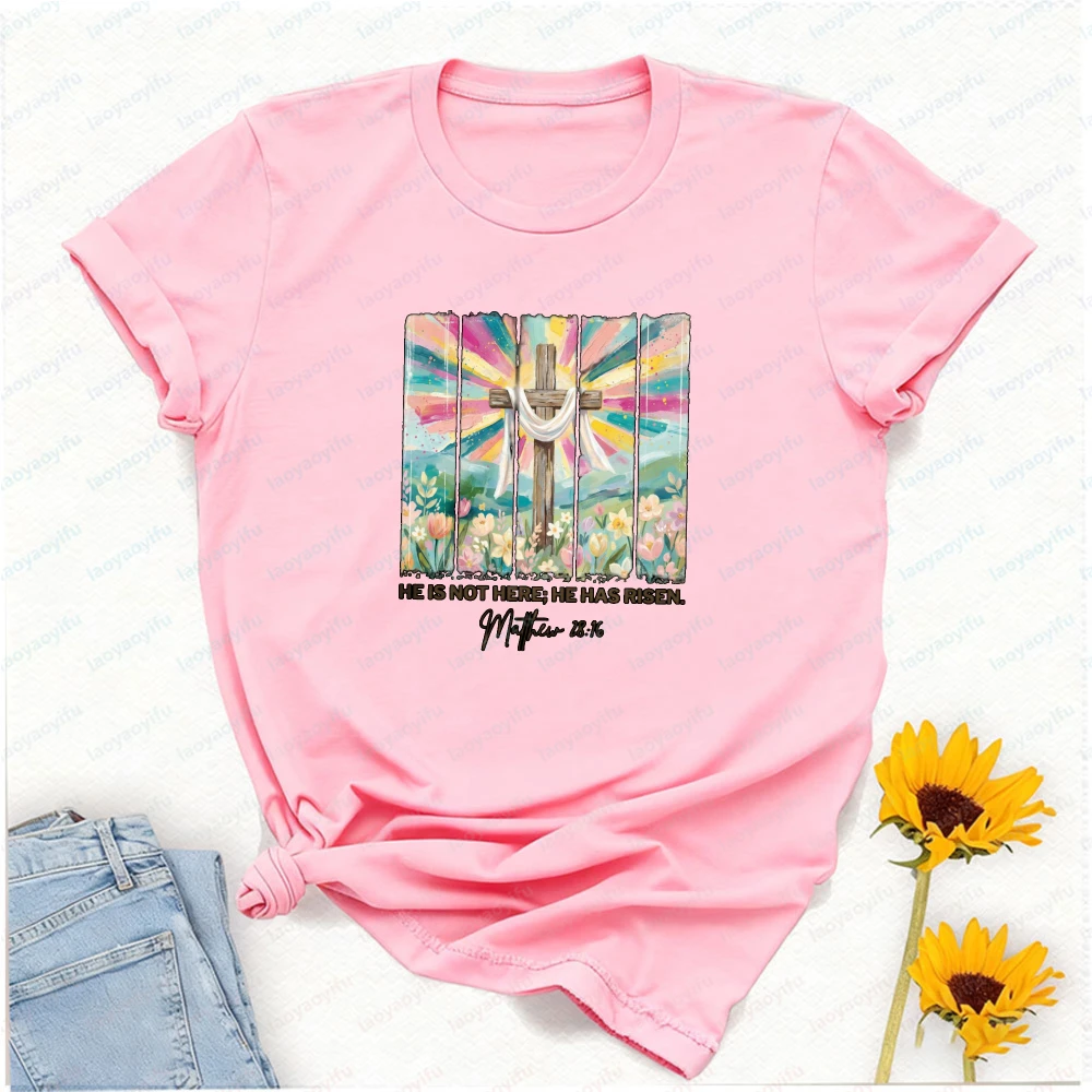 He Is Not Here He Has Risen Shirt Jesus Easter Bible Verse Floral Christian T-Shirt Religious Tee Graphic T Shirts Women Clothes