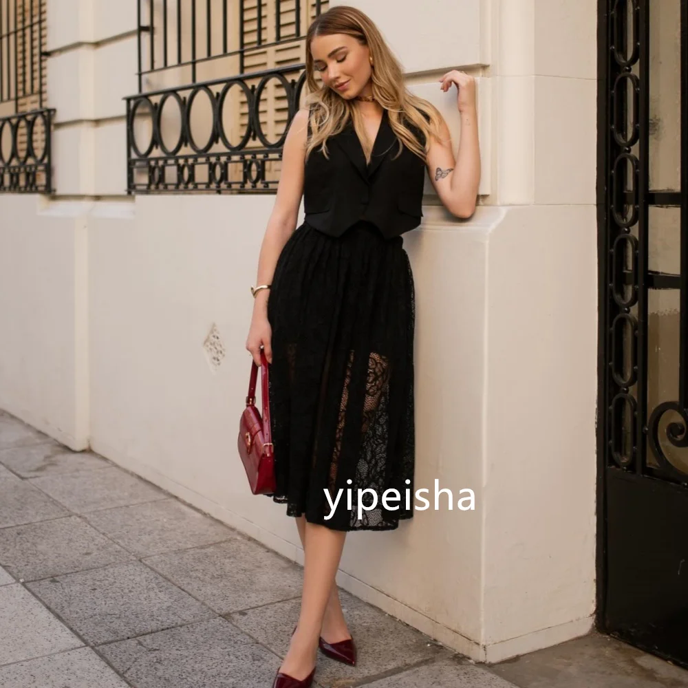 Vestidos por debajo de la rodilla con cuello en V, plisados de encaje a juego, personalizados, para graduación, clásico, exquisito, moderno, Pastrol, Unisex, chino