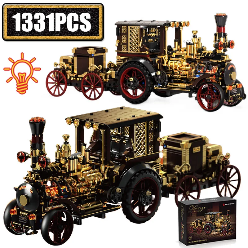 

MOC Steam Retro Series Mechanical Steam Car Building Blocks LED Fine Vintage Home Decor Pieces Figures Bricks Toys Festival Gift