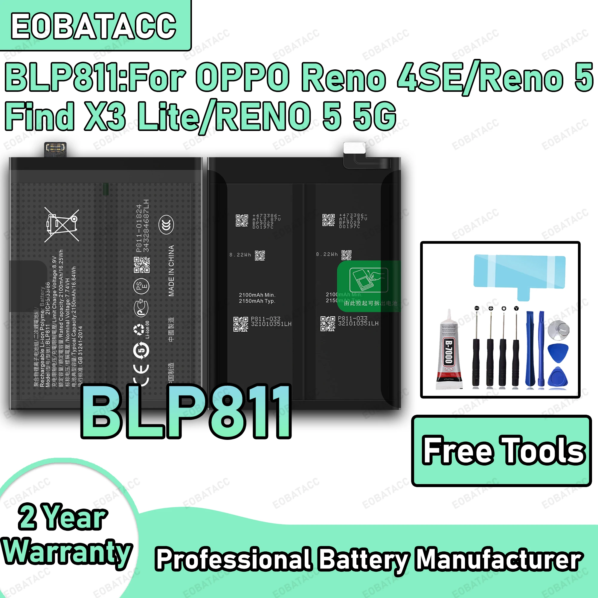 

100% New Zero Cycle BLP811 Battery For OPPO Reno4 SE/PEAT00/PEAM00/Reno 5 5G/pegm00/Find X3 Lite/CPH2145 Batteria+Tools