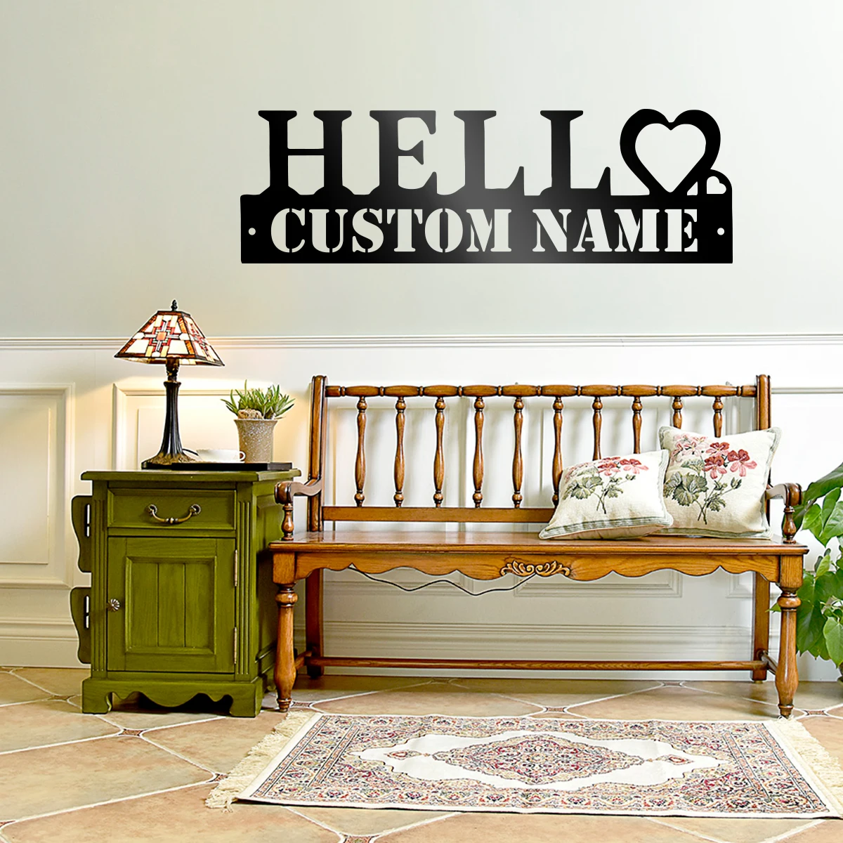 

Hello Personalization custom name Metal Wall Art Sign Farmhouse Hanging Decor Black Cutout Plaque Home Office Living Room