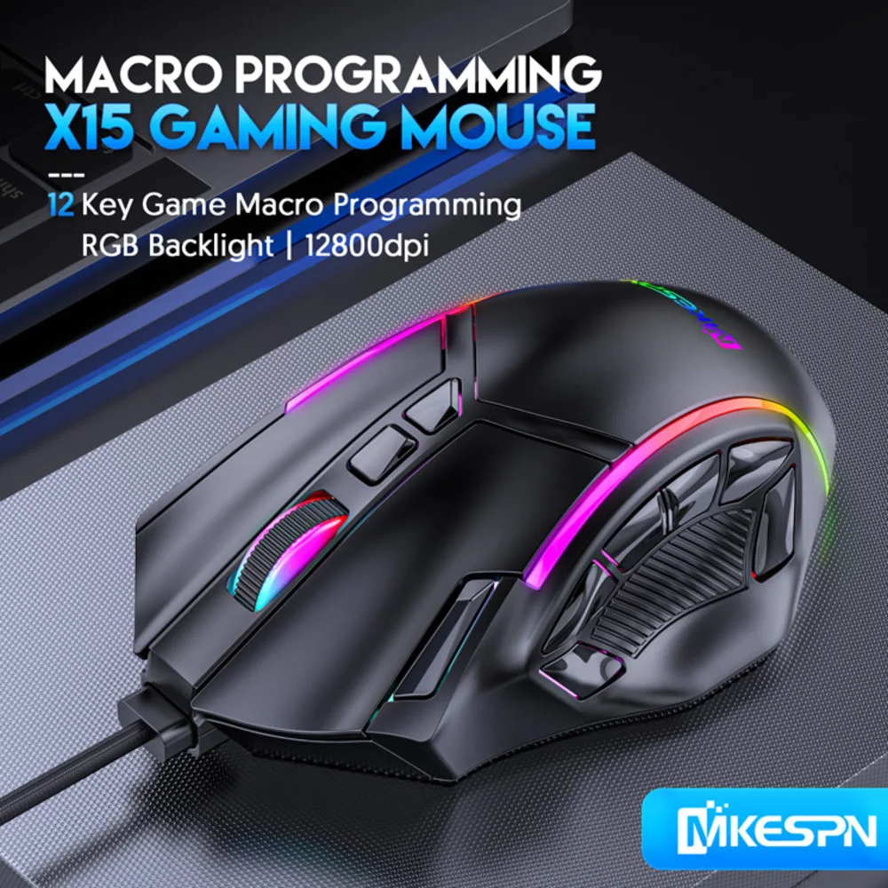 

Full Speed 12800DPI 12 Key Macro Definition Full Colour RGB Light Effects Wired RGB Gaming Mouse Desktops Laptops Universal