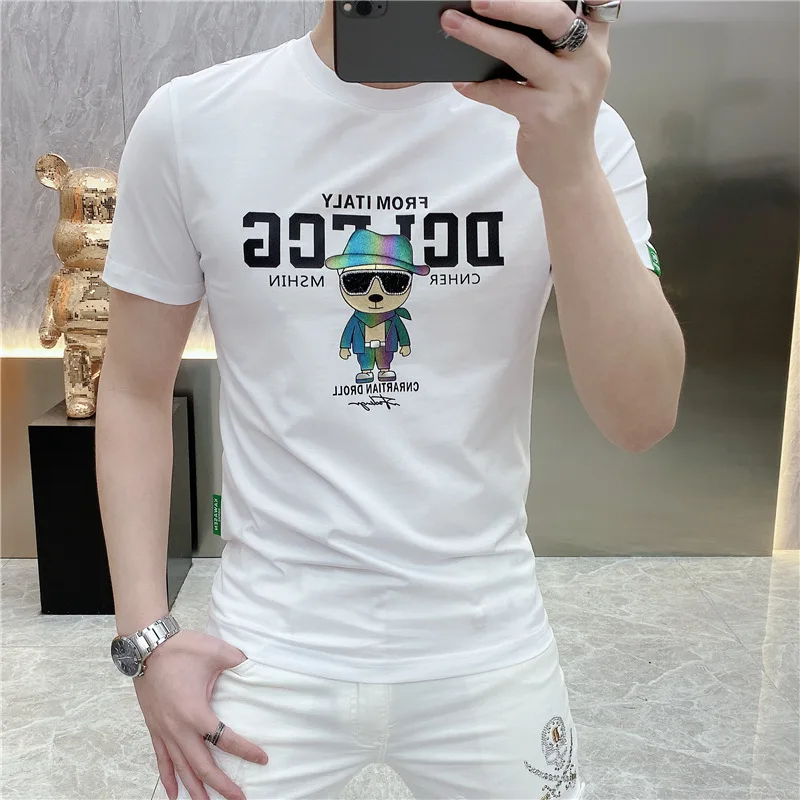 New Men's T-shirt Letter Print Hot Diamond Round Neck Short Sleeve Slim Fit Male Tees Trendy Handsome Homme Clothing Plus Size