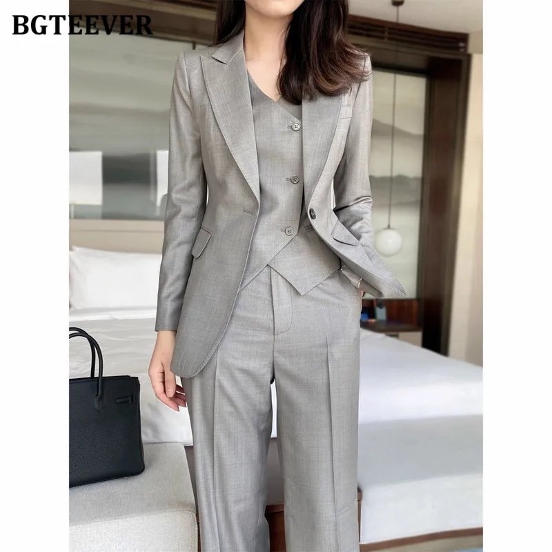 

BGTEEVER Elegant Office Ladies Pant Suits One Button Jackets & V-neck Vests & Wide Leg Pants Women Trousers Suits 3 Pieces