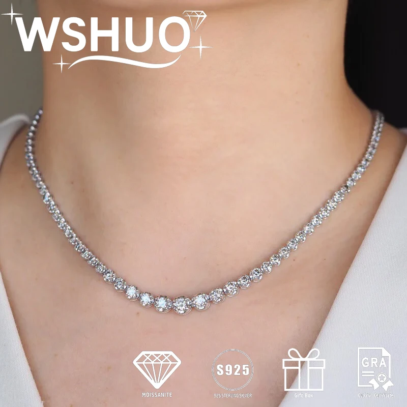

WSHUO D VVS1 Moissanite Gradient Tennis Necklace S925 Pure Silver Women Necklace Fine Jewelry Evening Party Gift Hypoallergenic