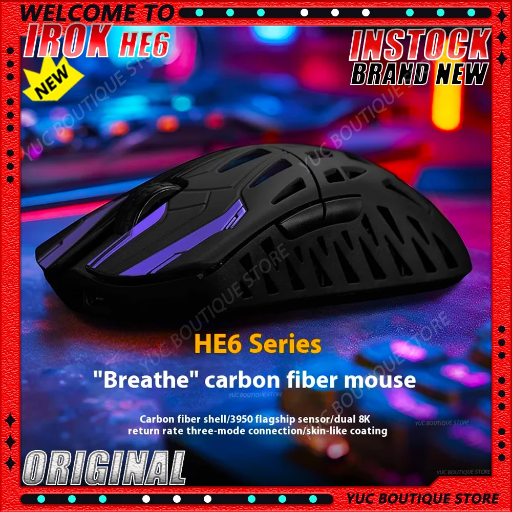 

НОВАЯ беспроводная 3-режимная мышь из углеродного волокна IROK HE6 ULTRA, легкая, 500 мАч, PAW3950, ПК, киберспортивная, ноутбук, игровые мыши, аксессуары для ПК