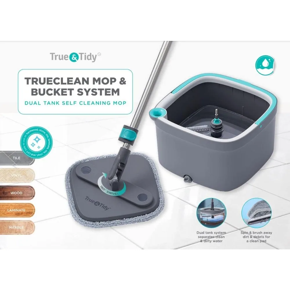 True & Tidy True Clean Mop and Bucket System, Includes Square Spin Mop, Dual Compartment Mop Bucket and 2 Thick Machine Washable