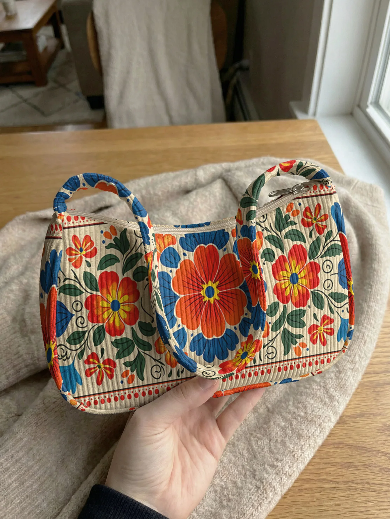 Trendy Mexican Folk Floral Print Shoulder Bag, Corduroy Underarm Bag for Daily Casual Use