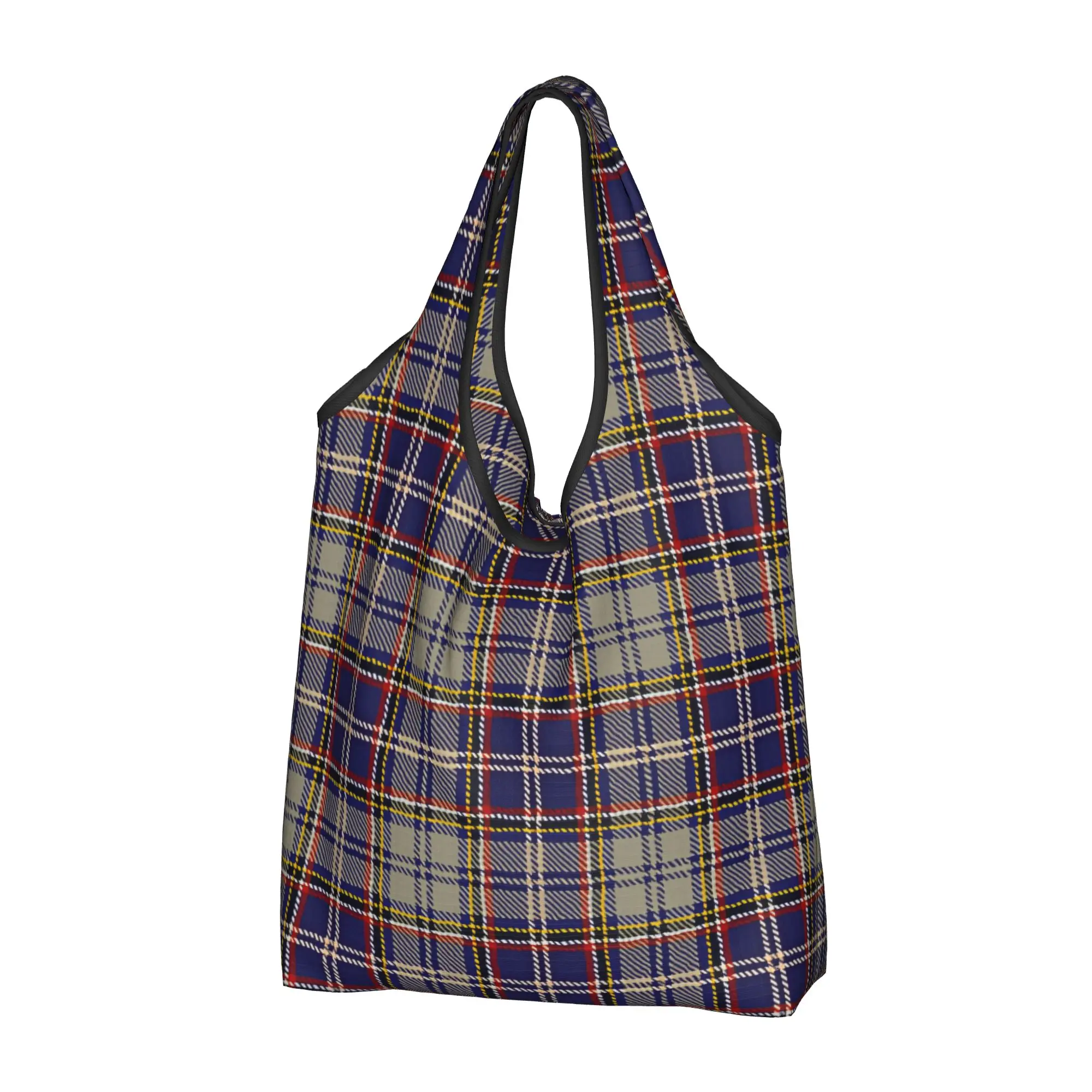 Scottish Geometric Plaid Lines Grocery Tote Shopping Bag Kawaii Navy Blue Beige Gray Shoulder Shopper Bag Large Capacity Handbag