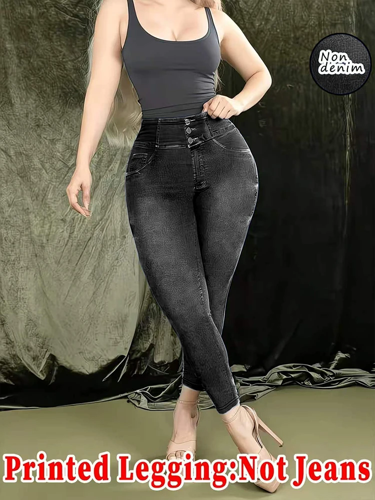 Women Printed Leggings Not Denim Fabric, Fake Pocket & Button Print Design Pants, High Elastic Fashion Slim Fit Skinny Casual
