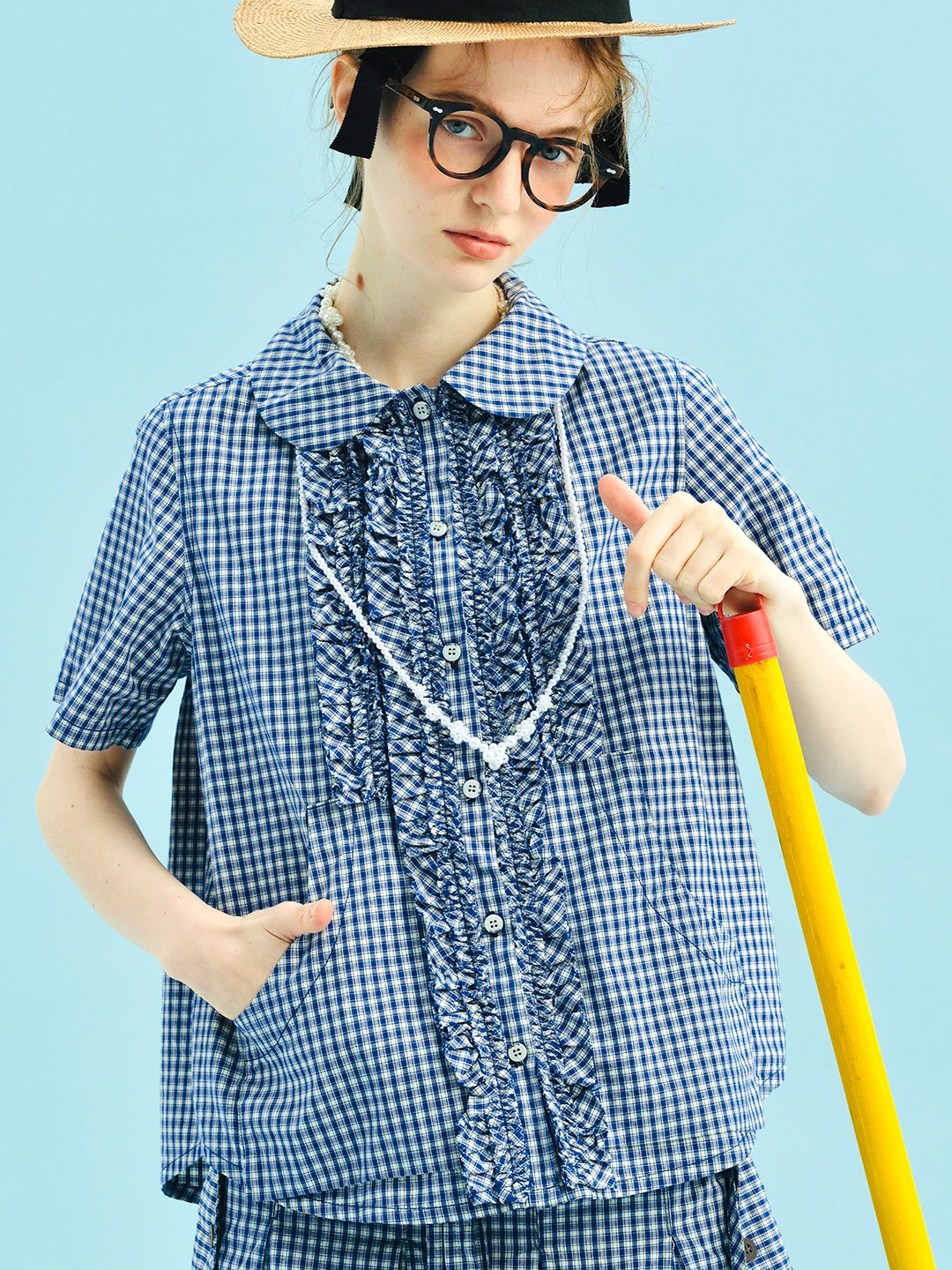 Chemise à carreaux bleue de Style d'été Original, col de poupée lavé en pur coton, dentelle à manches courtes pour dame 255011