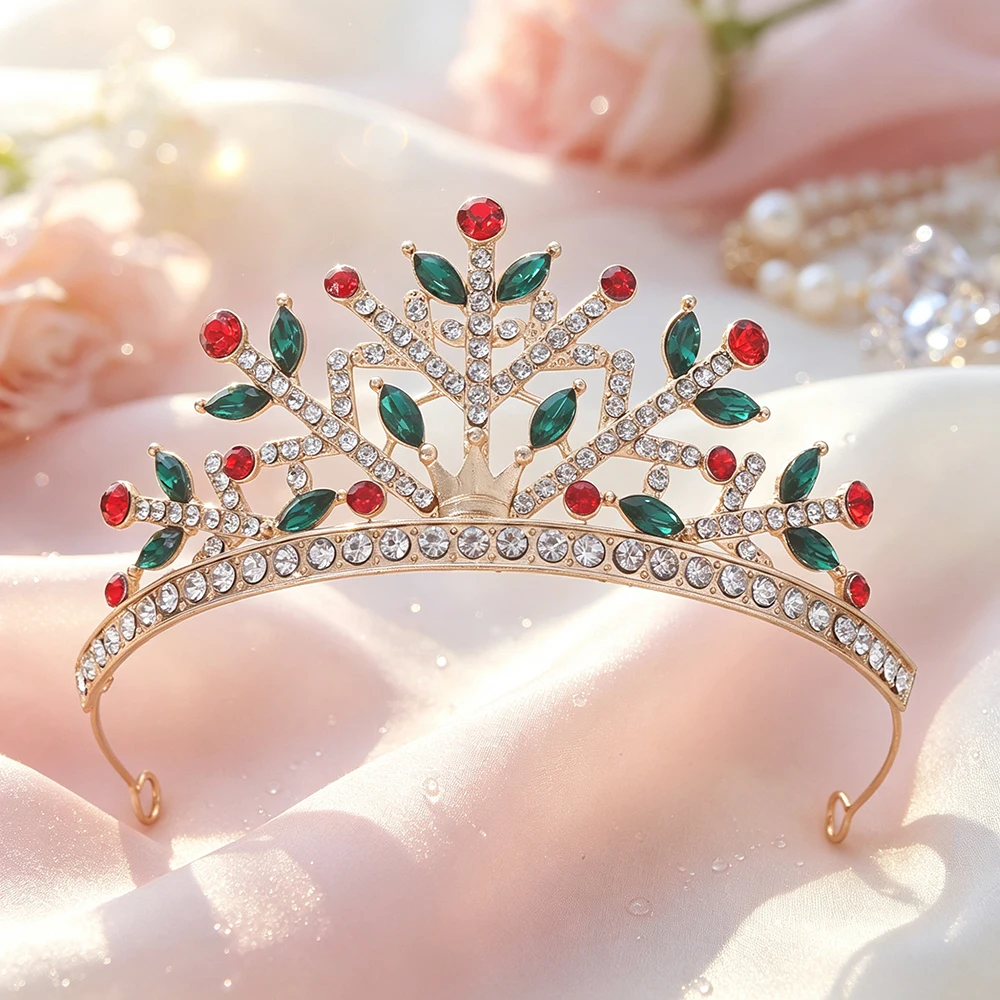 Gold Tone Christmas Tree Shape Rhinestone Queen Crown Wedding Birthday Holiday Party Headpiece Bridal Hair Accessories for Women