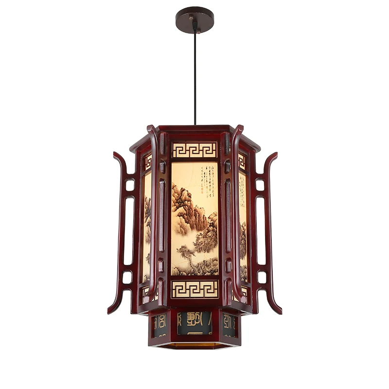 Vintage Solid Wood Hexagonal Outdoor Decorative Lantern Villa Balcony Ancient Building