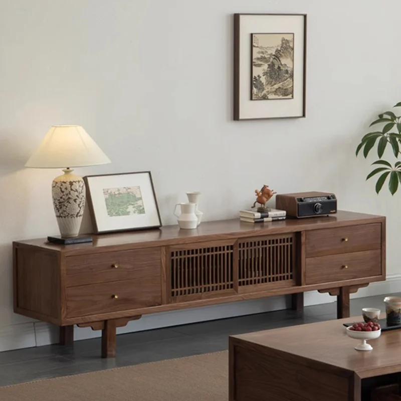 

New Chinese Solid Wood TV Cabinet 2025 Chinese Black Walnut Living Room Floor Cabinet