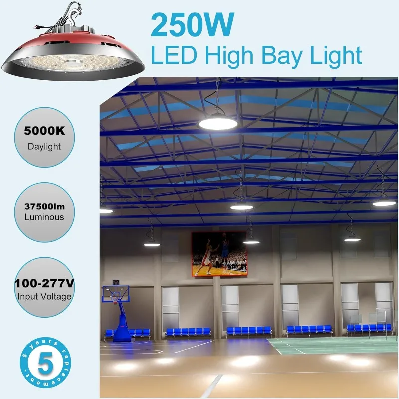 Lightdot High Bay LED Shop Lights 250W(260x1W Chip) 37500lm 5000K High Bay LED Lights,AC100-277V UFO LED High Bay Lights US Plug