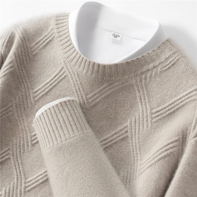 100% pulôver de caxemira pura masculino casual cor sólida camisola de malha geométrica solta em torno do pescoço topos grosso e quente jumper